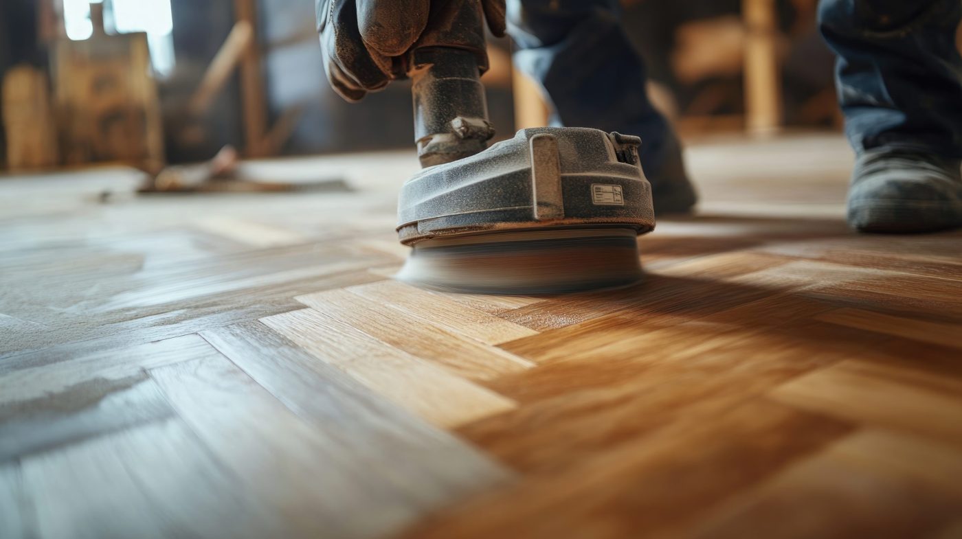 Close-up of a power hand sander being used to refinish an aged parquet wood floor